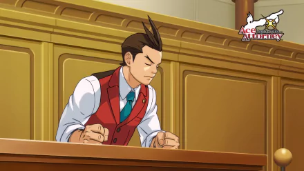 HD wallpaper of Apollo Justice from the Ace Attorney Trilogy video game, depicting the character intently focused in a courtroom setting.