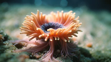 A vibrant sea anemone with flowing orange and purple tentacles sits on the ocean floor, showcasing its intricate beauty in this HD desktop wallpaper.