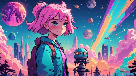 Anime-style woman with pink hair and a robot companion stands against a vibrant alien planet sky, featuring multiple moons and futuristic cityscape in this HD Pokémon-themed desktop wallpaper.