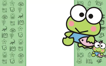 Cute anime-inspired HD desktop wallpaper featuring Sanrio's Keroppi, a cheerful frog character, alongside playful elements in a vibrant green background.