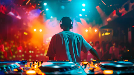HD desktop wallpaper featuring a DJ at a nightclub playing music with partygoers dancing in a vibrant, colorful setting.