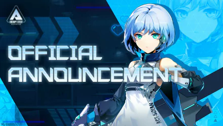 HD wallpaper featuring a character from BlazBlue Entropy Effect with vibrant blue graphics and an Official Announcement banner.