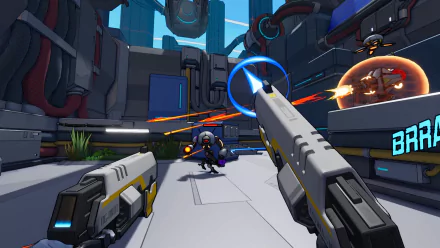 HD wallpaper featuring dynamic first-person shooter action from the video game Roboquest, showcasing a futuristic environment and combat with robots.