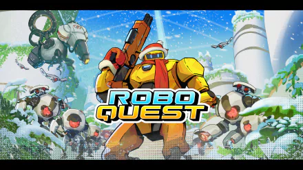HD wallpaper of Roboquest video game featuring a robot with a gun amidst action-packed scenery.