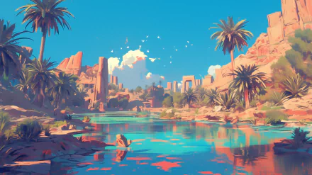 HD wallpaper of a tranquil desert oasis with vibrant blue waters, lush palm trees, and red rock formations under a clear sky.