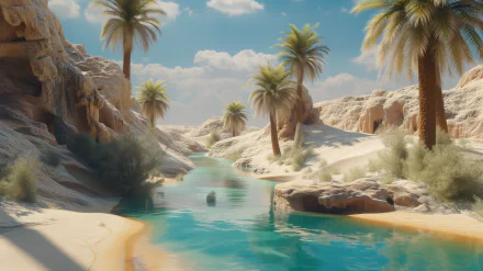 A serene desert oasis featuring palm trees and a crystal-clear stream, set against a stunning HD background of sandy dunes and a bright blue sky.