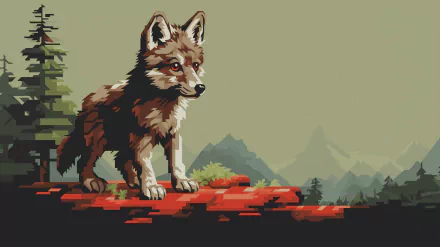 A captivating HD desktop wallpaper featuring a wolf cub standing on a rocky ledge, surrounded by lush greenery and distant mountains, embodying the beauty of wildlife.