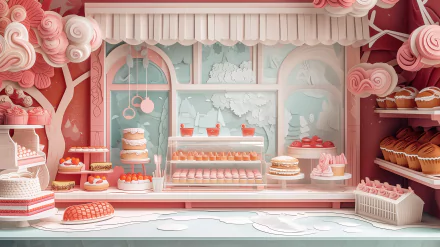 HD desktop wallpaper of a charming pink bakery with assorted pastries and cakes on display.