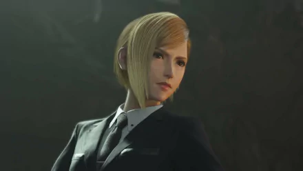 HD desktop wallpaper from Final Fantasy VII Rebirth featuring a sharply dressed character with short blonde hair in a suit.