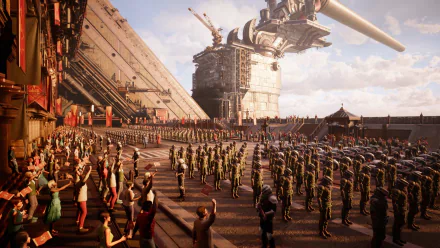 HD desktop wallpaper of Final Fantasy VII Rebirth showing a scene with soldiers and an airship at a dock.
