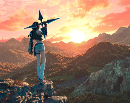HD wallpaper of a character from Final Fantasy VII Rebirth holding a sword, overlooking a stunning mountainous sunset scene, perfect for desktop backgrounds.
