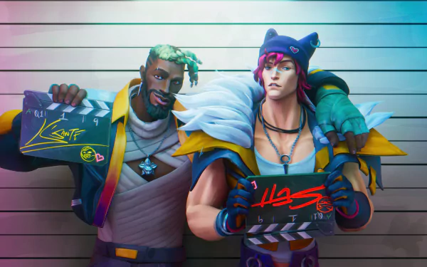 HD wallpaper featuring K'Sante and Sett from League of Legends, against a striped background, both holding Heartsteel weapons.