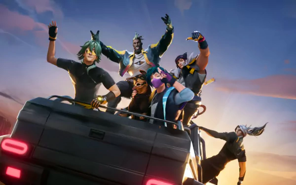 A vibrant League of Legends wallpaper featuring champions K'Sante, Aphelios, Sett, Ezreal, and others, celebrating together against a colorful sunset backdrop.