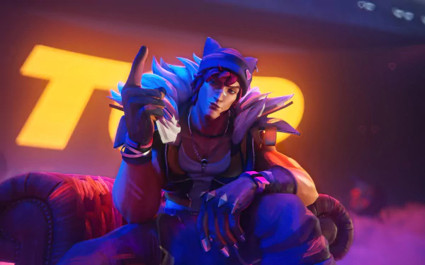 A vibrant HD wallpaper featuring Sett from League of Legends, showcasing his Heartsteel skin. The character sits confidently with a playful expression against a colorful backdrop.