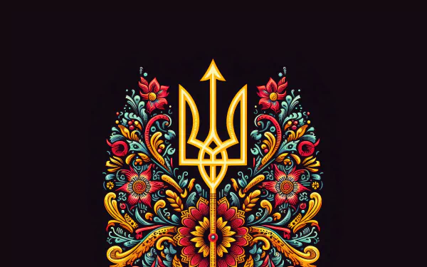 4K Ultra HD PC desktop wallpaper featuring Ukraine’s trident symbol adorned with vibrant traditional floral patterns on a dark background.