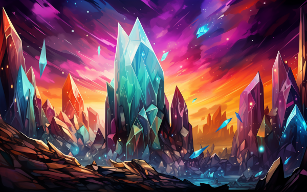 Colorful HD wallpaper of crystal landscape with vibrant sunset for desktop background.