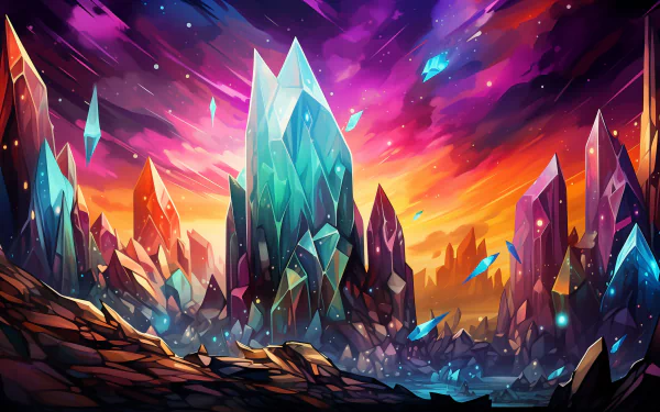 Colorful HD wallpaper of crystal landscape with vibrant sunset for desktop background.