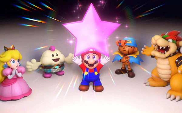 A vibrant HD desktop wallpaper featuring characters from Super Mario RPG (2023), including Mario, Princess Peach, and Bowser, celebrating with a glowing pink star.