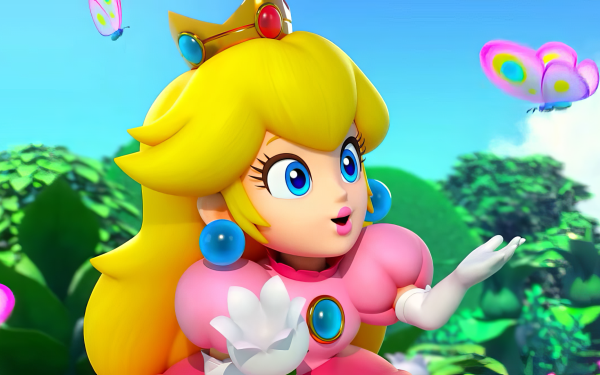 HD desktop wallpaper featuring Princess Peach from Super Mario RPG (2023) with a vibrant forest background.