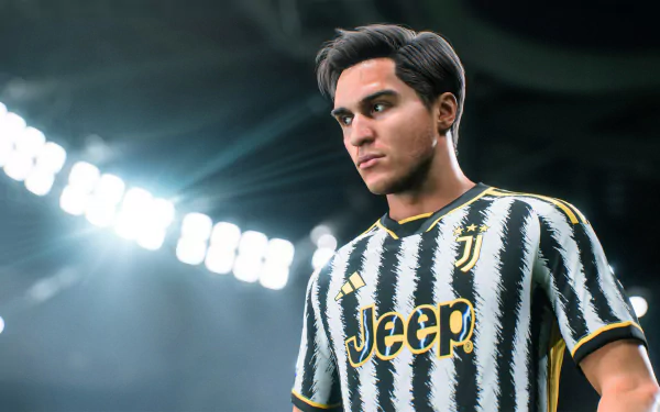 HD desktop wallpaper of an EA SPORTS FC 24 virtual football player wearing a Juventus jersey, themed for fans and gamers.