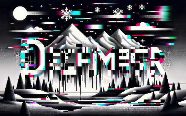 Alt-text: Digital art of a snowy mountain landscape with stylized trees and glitch effect featuring the word 'December' overlaid, ideal for HD desktop wallpaper.