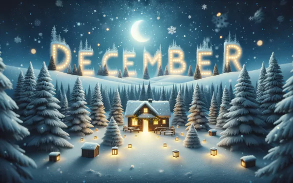 December winter scene with snowy forest and cozy cabin at night for HD desktop wallpaper.