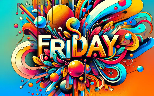 Vibrant HD PC desktop wallpaper featuring colorful abstract shapes exploding around the word FRIDAY on a bright gradient background.