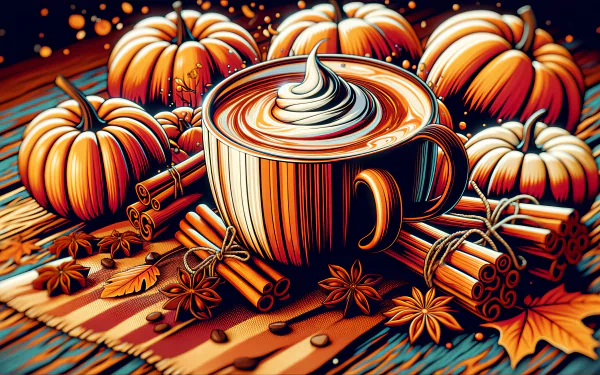 Illustration of a cozy autumn-themed cup of coffee with pumpkins, cinnamon sticks, and star anise on a striped tablecloth for HD wallpaper use.