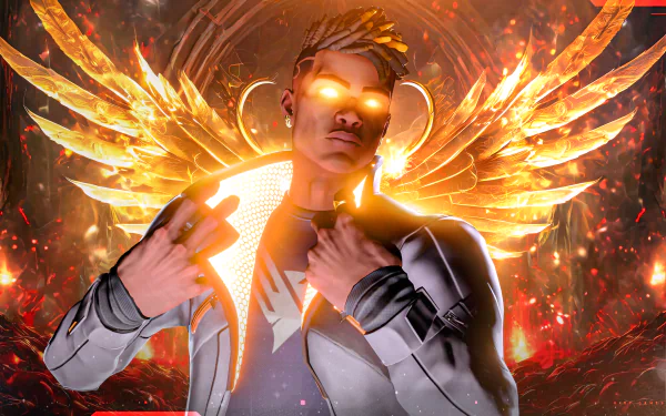 HD PC desktop wallpaper featuring Phoenix from the video game Valorant, glowing with fiery wings and intense orange eyes in a dynamic, vibrant design.