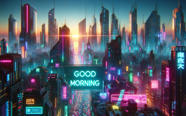 Good morning greeting over a vibrant, futuristic cityscape at sunrise for an HD desktop wallpaper.