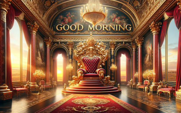 Opulent good morning HD wallpaper featuring a grand royal throne room with sunrise streaming through large windows, perfect for luxurious desktop backgrounds.