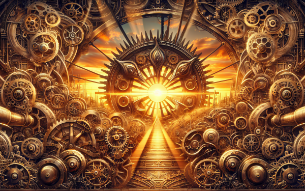 Steampunk-inspired gears and machinery with radiant sunlight HD desktop wallpaper.