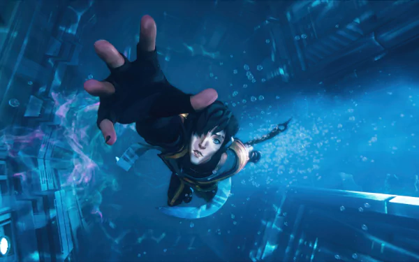 HD wallpaper featuring Aphelios from League of Legends, in a dynamic underwater scene, reaching out with a determined expression amidst swirling blue and purple hues.