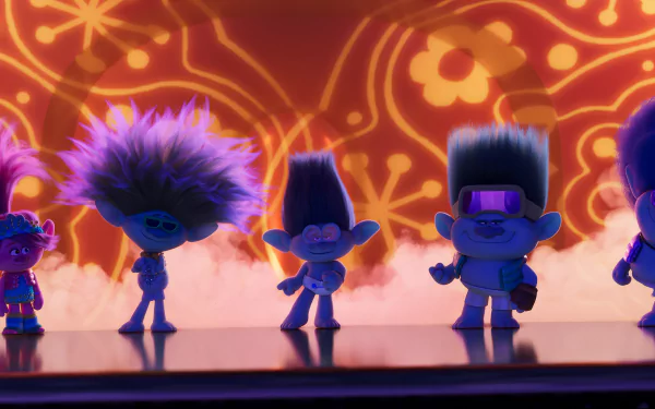 Colorful Trolls banding together as HD desktop wallpaper with vibrant background, tagged Trolls Band Together.