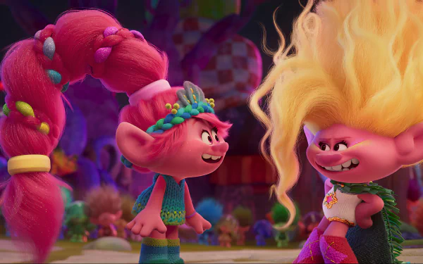 HD desktop wallpaper featuring colorful animated Trolls characters joyfully interacting, tagged with Trolls Band Together.
