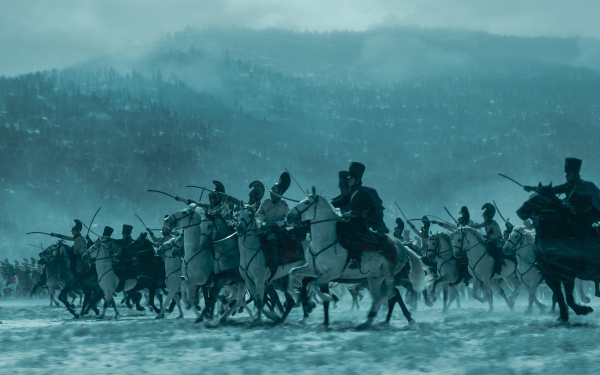 HD wallpaper of a dramatic Napoleonic era cavalry charge in a snowy landscape, perfect for a historical desktop background.