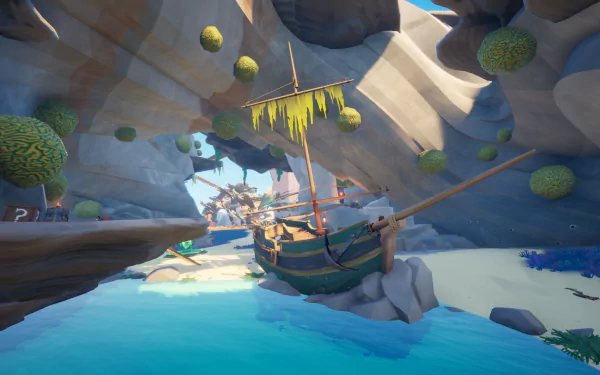 A stunning HD wallpaper featuring a pirate ship navigating a rocky cave, showcasing vibrant colors and tropical scenery from the video game Blazing Sails.