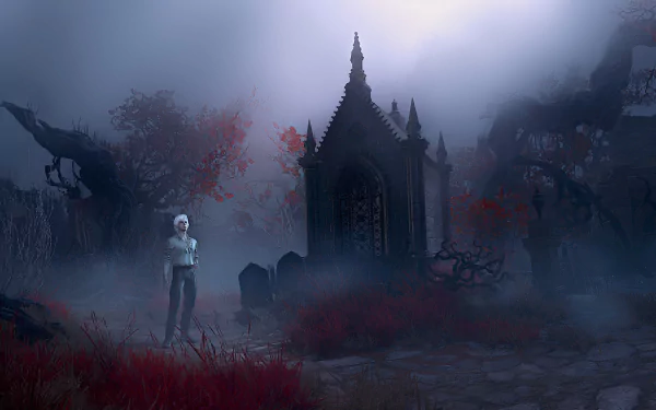 HD wallpaper of a mystical scene from Baldur's Gate 3 featuring an ancient shrine enveloped by fog and twisted trees, with a central, silver-haired character standing in the foreground.