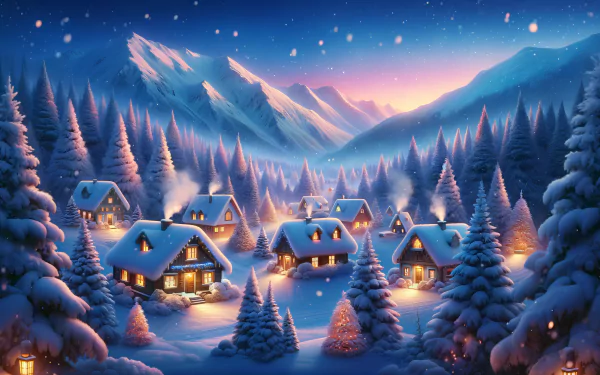 HD wallpaper of a magical winter wonderland village with snow-covered houses and trees against a backdrop of mountains under a starry night sky.