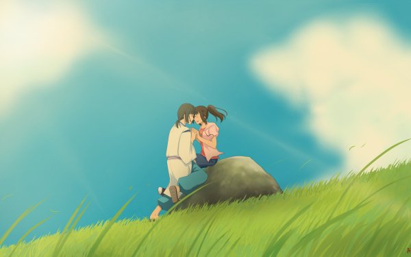 HD desktop wallpaper featuring characters from Spirited Away, a Studio Ghibli film, sitting together on a grassy hill with a serene sky in the background.