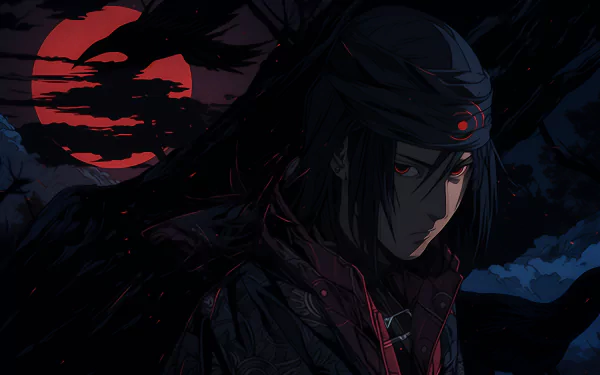 HD desktop wallpaper featuring Sasuke Uchiha from Naruto with a red moon background.