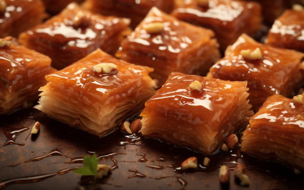 A close-up of delicious baklava pieces, showcasing layers of flaky pastry drizzled with honey and garnished with nuts, serving as a tempting HD desktop wallpaper.