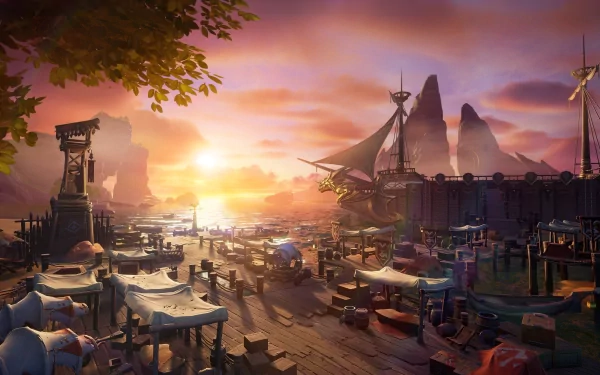 HD wallpaper of a fantasy harbor in Tarisland at sunset with ships and market stalls.