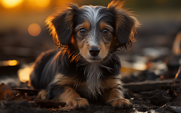 Adorable Dachshund puppy lying down with a warm sunset background - HD dog wallpaper.