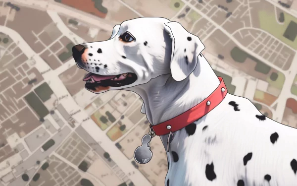 HD desktop wallpaper featuring a cartoon-style Dalmatian with a red collar, set against a backdrop of an illustrated map.