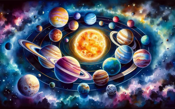 Colorful artistic rendition of the solar system as an HD desktop wallpaper featuring planets in orbit around the sun.
