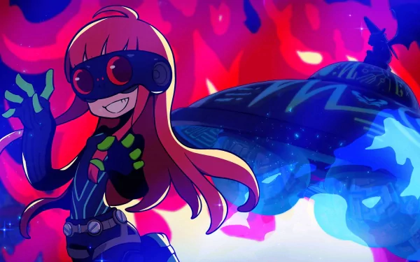 HD wallpaper featuring a vibrant illustration from Persona 5 Tactica with a stylish character in goggles and a dynamic, colorful backdrop.
