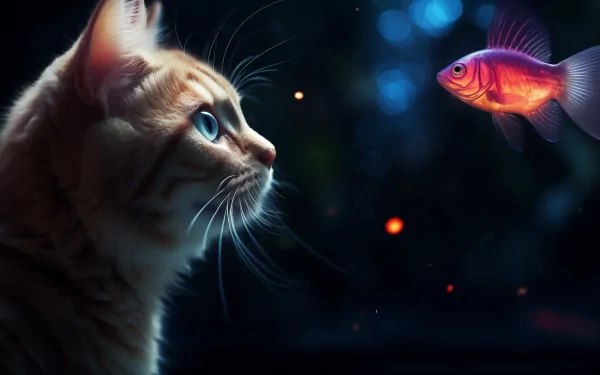 A playful cat surrounded by colorful fish in a vibrant AI-generated desktop wallpaper.