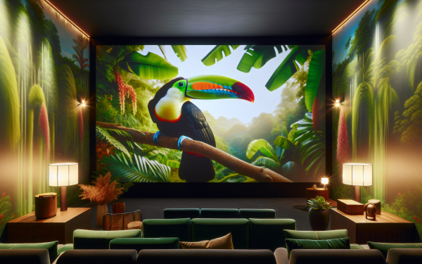 Colorful toucan on branch HD desktop wallpaper featured in a modern home theater room with tropical jungle background.