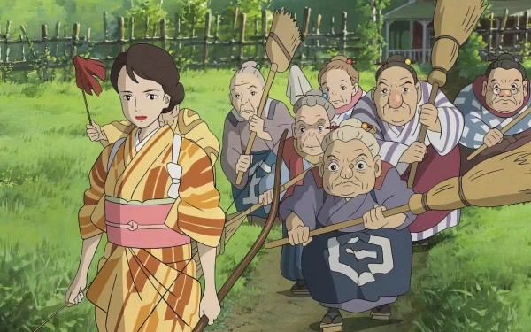 A vibrant scene from Studio Ghibli's The Boy and the Heron, featuring a young woman in traditional attire, accompanied by a group of elderly characters in a lush green setting.